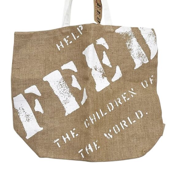 FEED Projects Burlap Tote Bag Natural White Handles Large Reusable Shopping - Picture 3 of 10